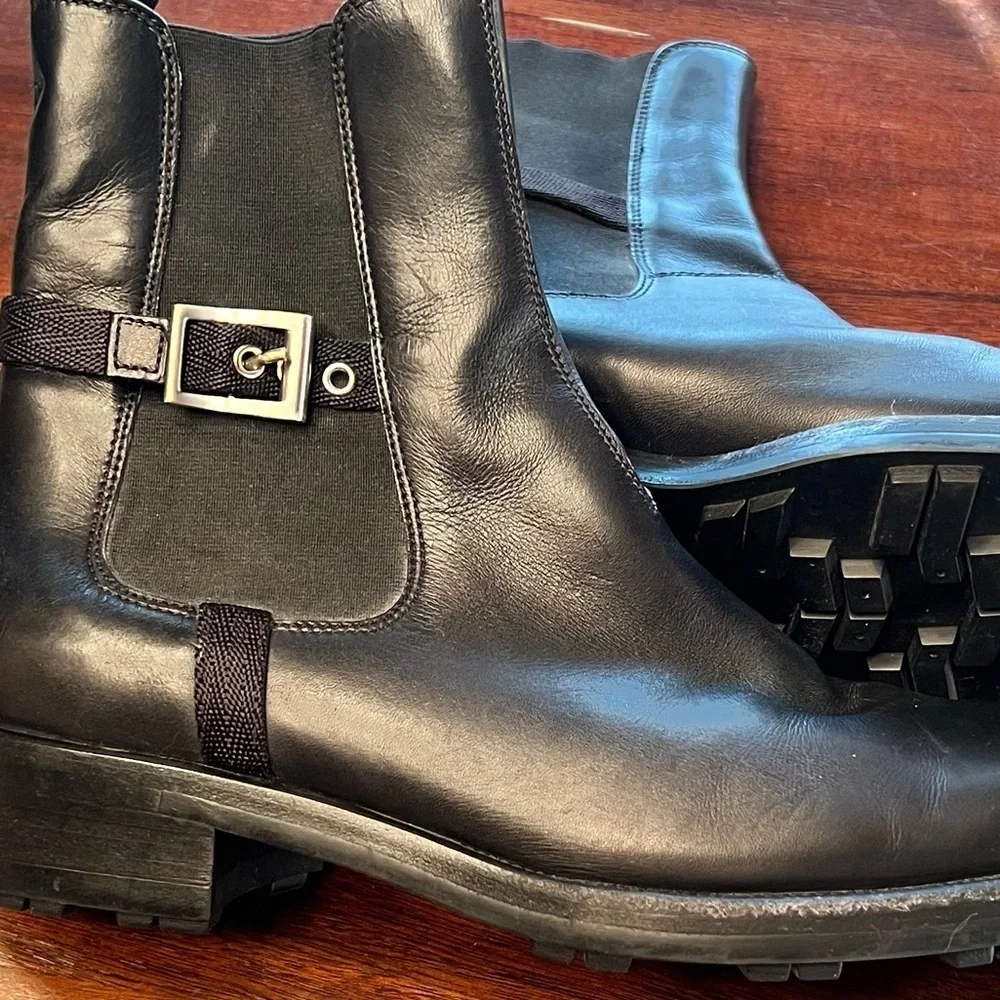GUVC Authentic Prada Linea Rossa Men's Black Leather Chelsea Ankle Boots 38.5